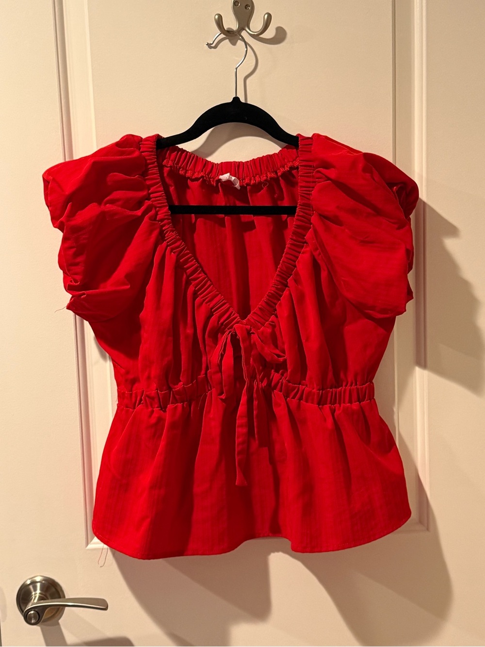Sienna Sky Red Puff-Sleeve Tie-Front Blouse
